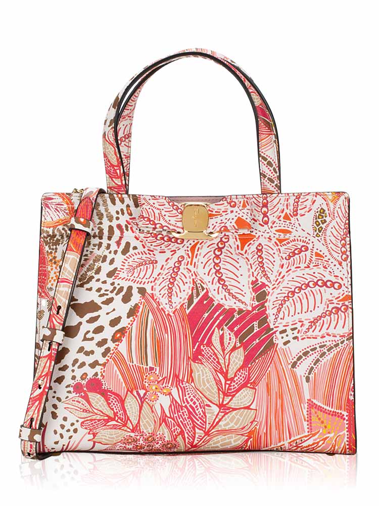 Calfskin Floral Print Vara Bow Medium Top Handle Bag Powder Rose