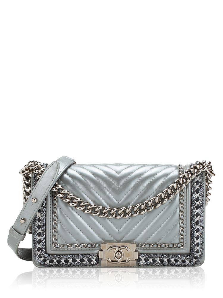 Metallic Calfskin Chevron Braided Medium Boy Flap Bag Silver