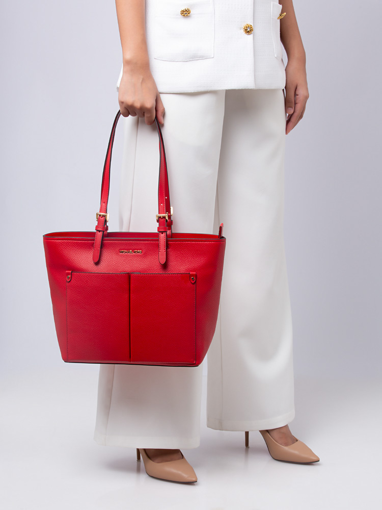 Jet Set Leather Medium Pocket Tote Bright Red