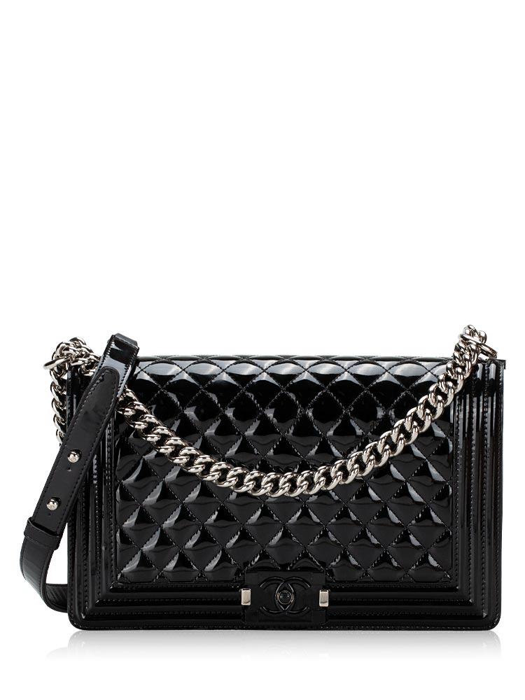 Patent Calfskin New Medium Plexiglass Boy Flap Bag Black