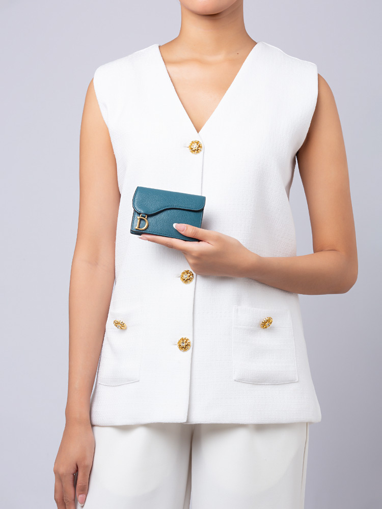 Grained Calfskin Saddle Card Holder Deep Ocean