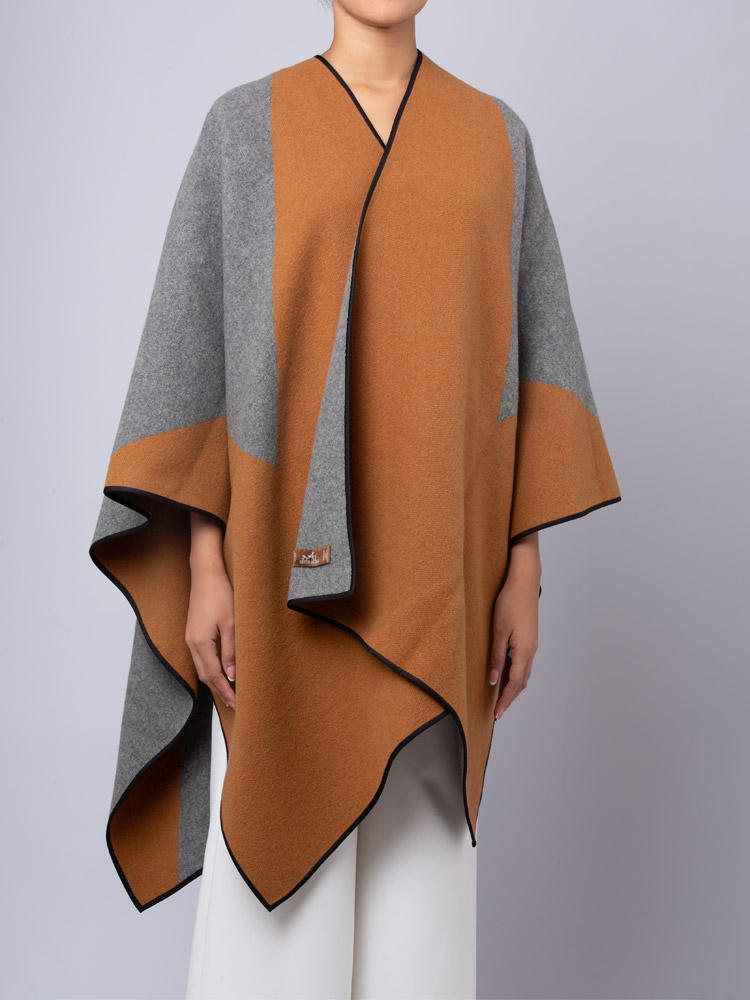 Cashmere Flanele Poncho Ocre Gris 
