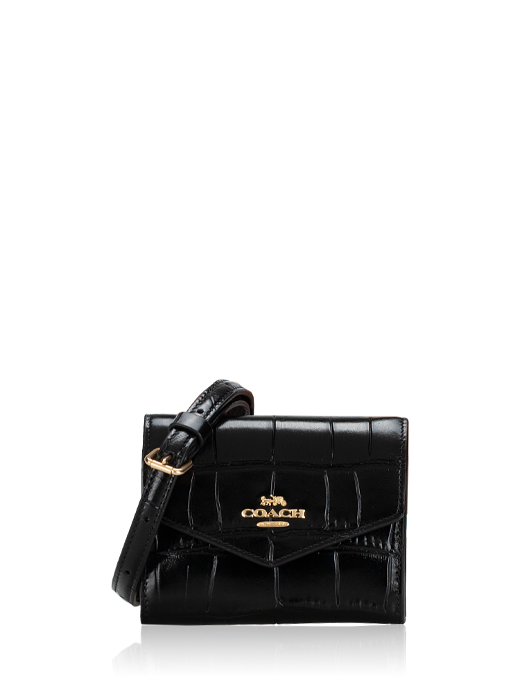 CU175 Croco Embossed Mini Envelope Wallet With Strap Black