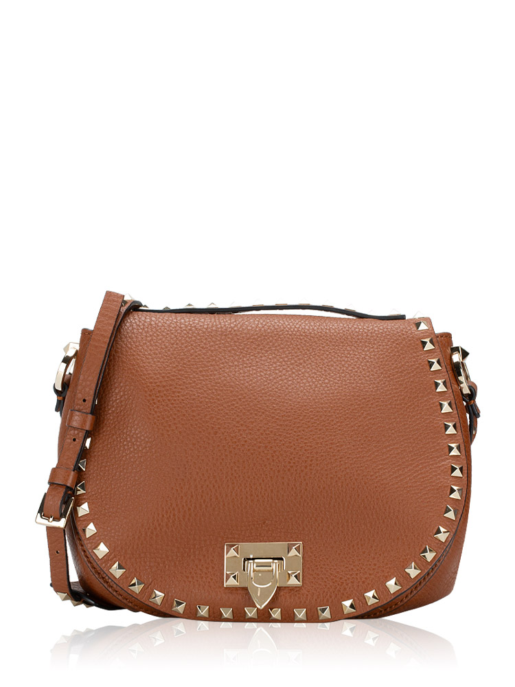  Pebbled Calfskin Rockstud Saddle Bag Brown