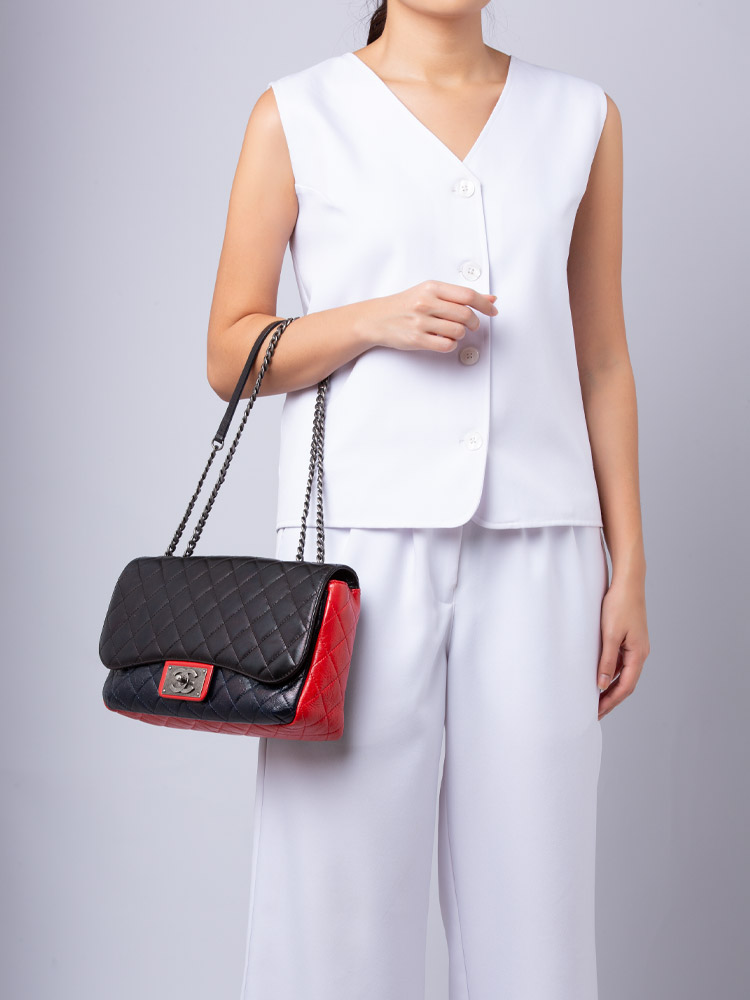 Calfskin Tri-Color Plate Flap Bag Black