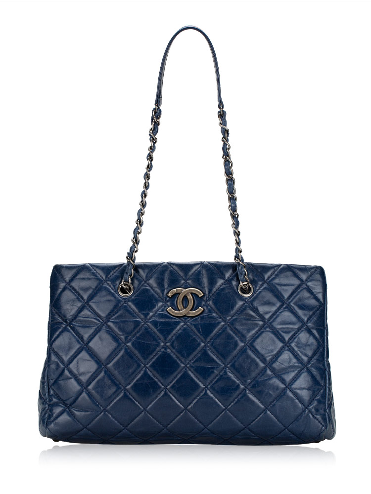 Calfskin Quilted Large CC Crown Tote Blue