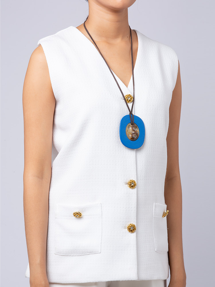 Lacquered Wood Buffalo Horn Lift Pendant Bleu Saphir