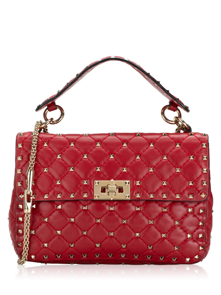 Nappa Rockstud Spike Medium Shoulder Bag Red