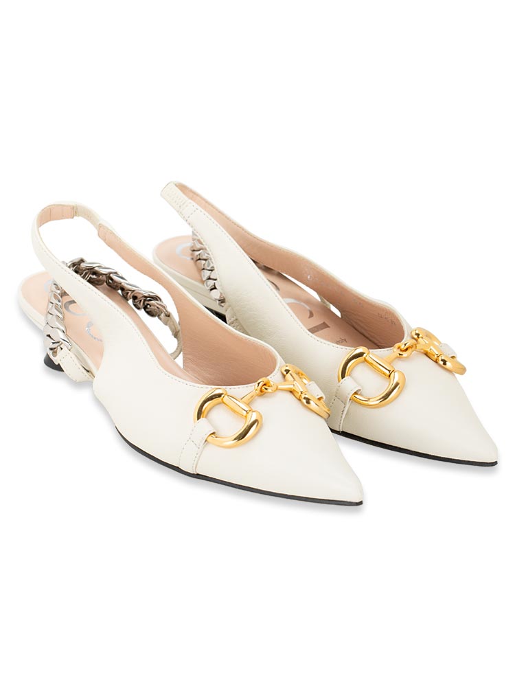 Calfskin Horsebit & Chain Slingback Kitten Heel Pumps White Sz 35
