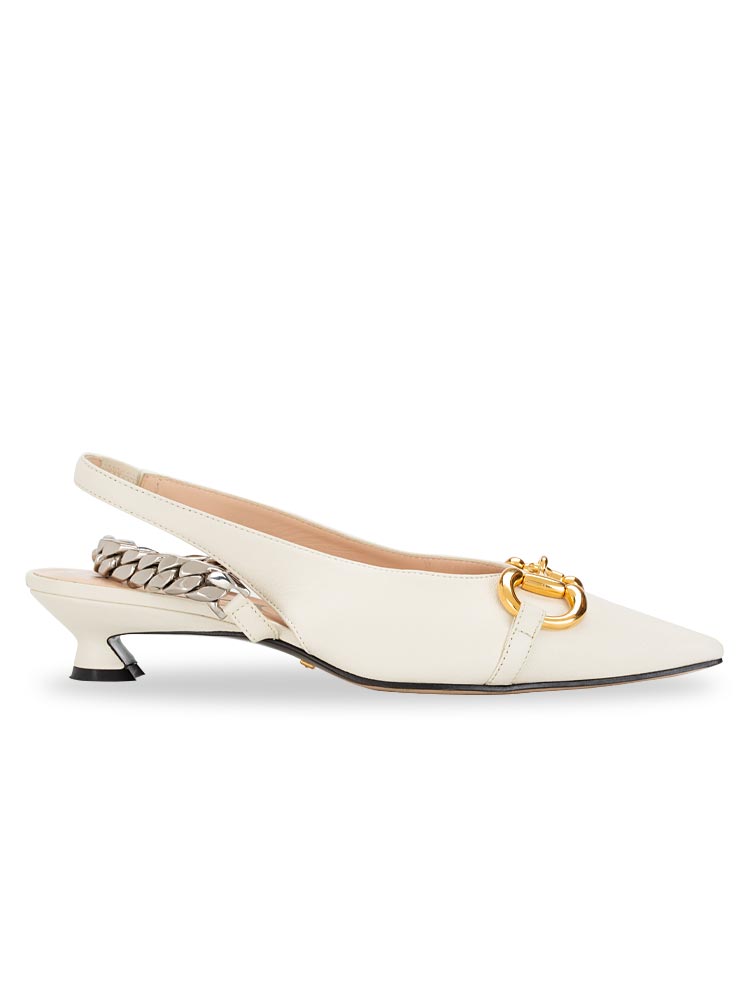 Calfskin Horsebit & Chain Slingback Kitten Heel Pumps White Sz 35