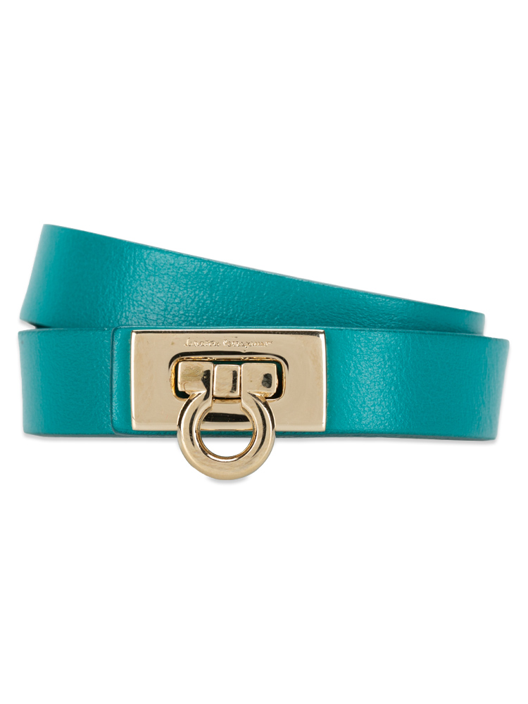 Calfskin Gancini Lock Double Wrap Bracelet Aqua Green