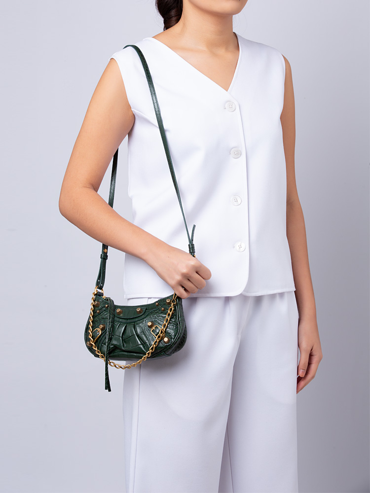 Croc Effect Le Cagole Mini Chain Shoulder Bag Forest Green