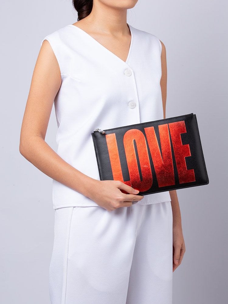 Calfskin Love Print Medium Flat Pouch Black