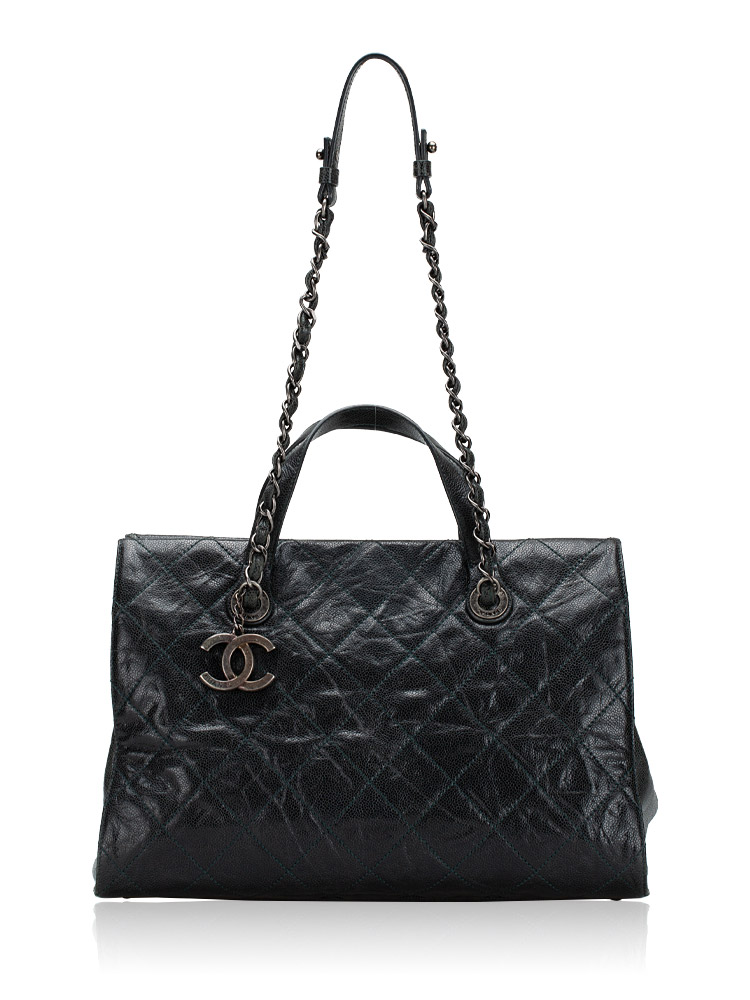 Grained Calfskin Crumpled CC Crave Tote Dark Green