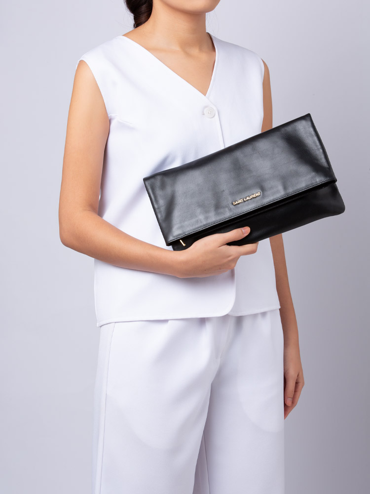 Smooth Calfskin Letters Fold-Over Clutch Black