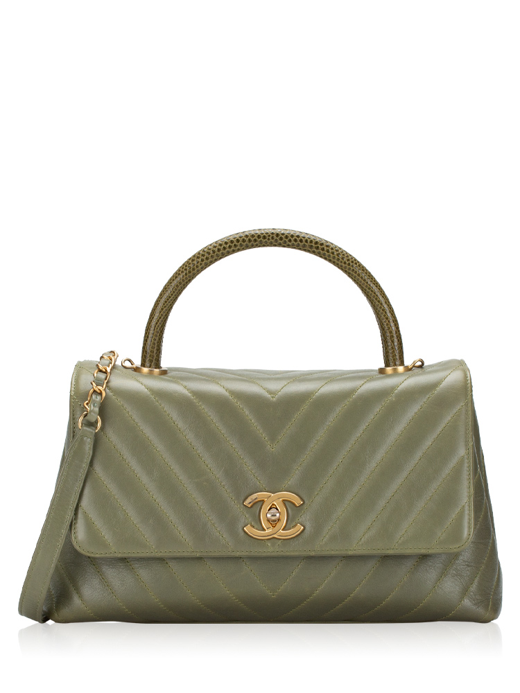 Calfskin Lizard Chevron Small Coco Handle Flap Bag Green