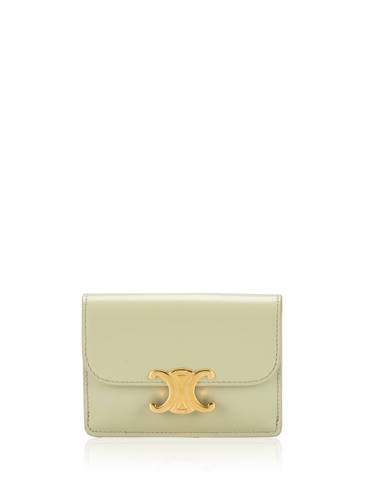 Shiny Calfskin Triomphe Flap Card Holder Almond Green