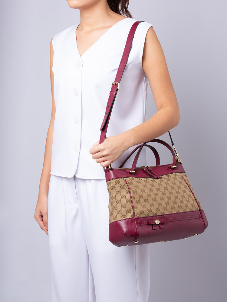 GG Canvas Mayfair Top Handle Satchel Beige Burgundy