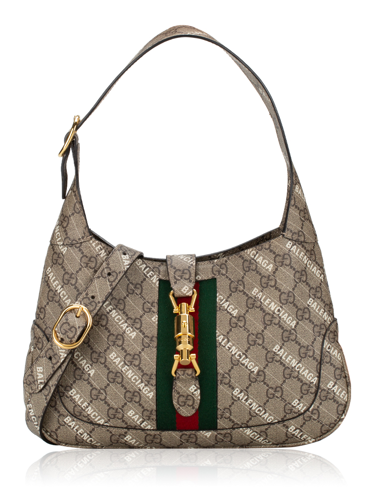 X Balenciaga GG Supreme Striped Logo Web Jackie 1961 Small Hobo Beige Ebony