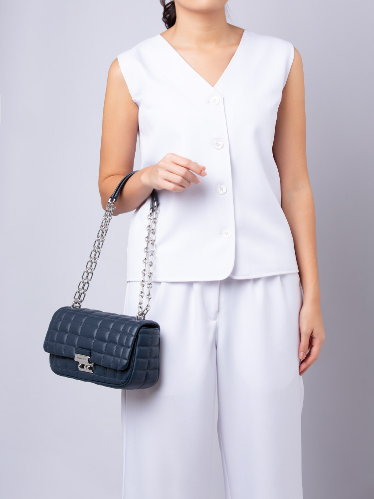 Tribeca Quilted Leather Large Convertible Shoulder Bag Navy