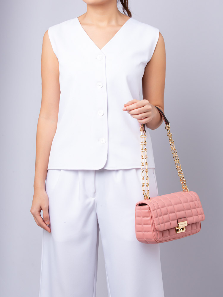 Tribeca Quilted Leather Large Convertible Shoulder Bag Sunset Rose