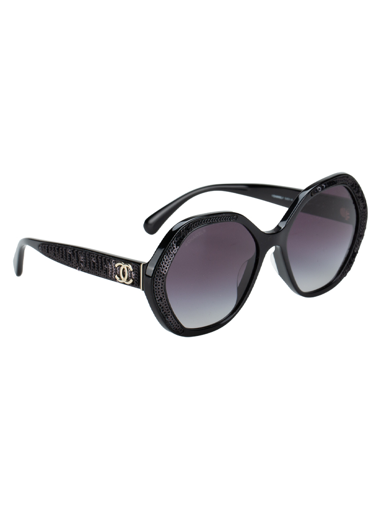 5451-A Acetate Sequin Round Sunglasses Black