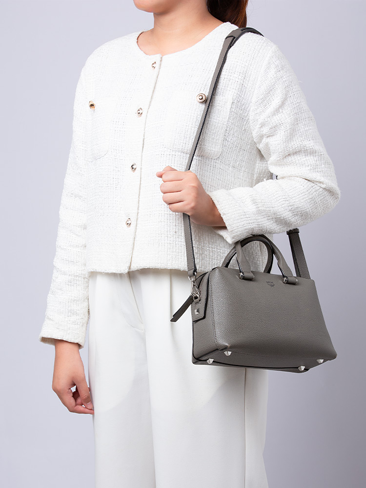 Grained Calfskin Ella Small Boston Bag Grey