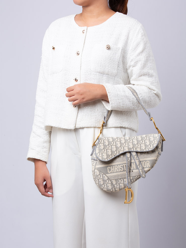 Oblique Embroidered Saddle Bag Gray