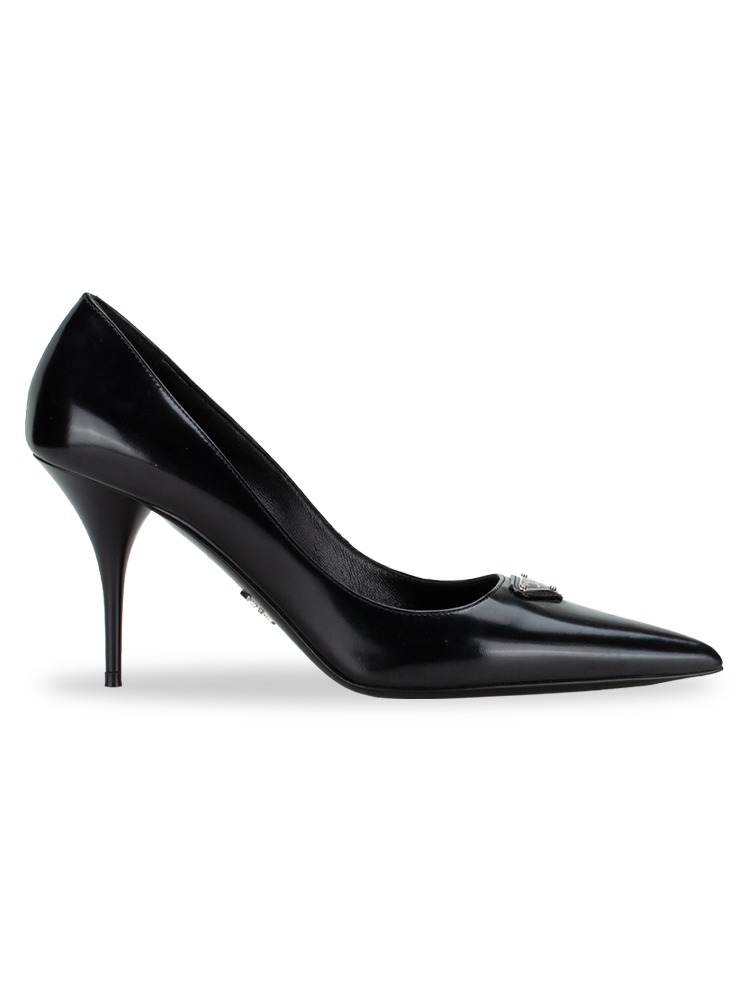 Spazzolato Metal Logo Pointed Toe Pumps Black Sz 37