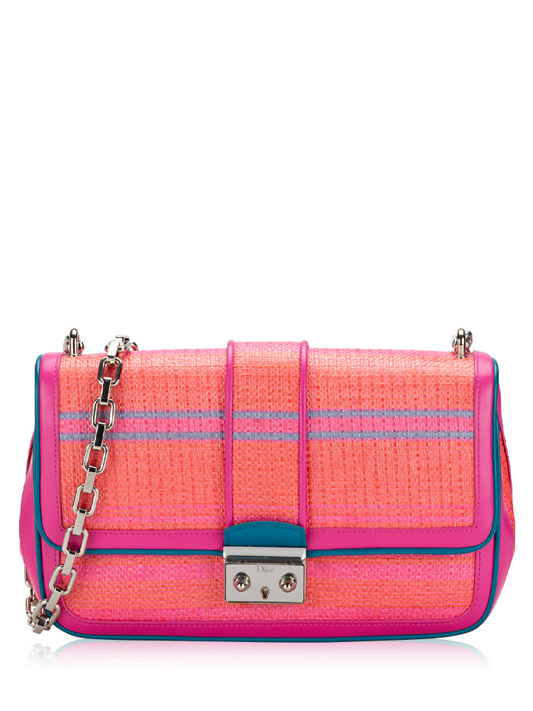 Raffia Miss Dior Medium Flap Shoulder Bag Coral Pink Cerulean