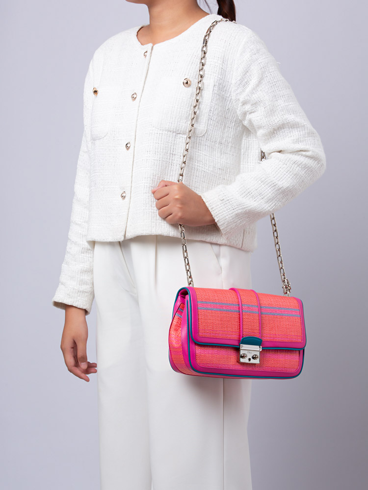Raffia Miss Dior Medium Flap Shoulder Bag Coral Pink Cerulean