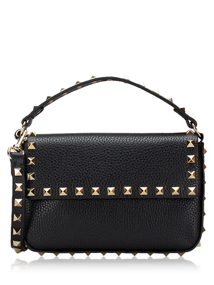 Grainy Calfskin Rockstud Crossbody Black