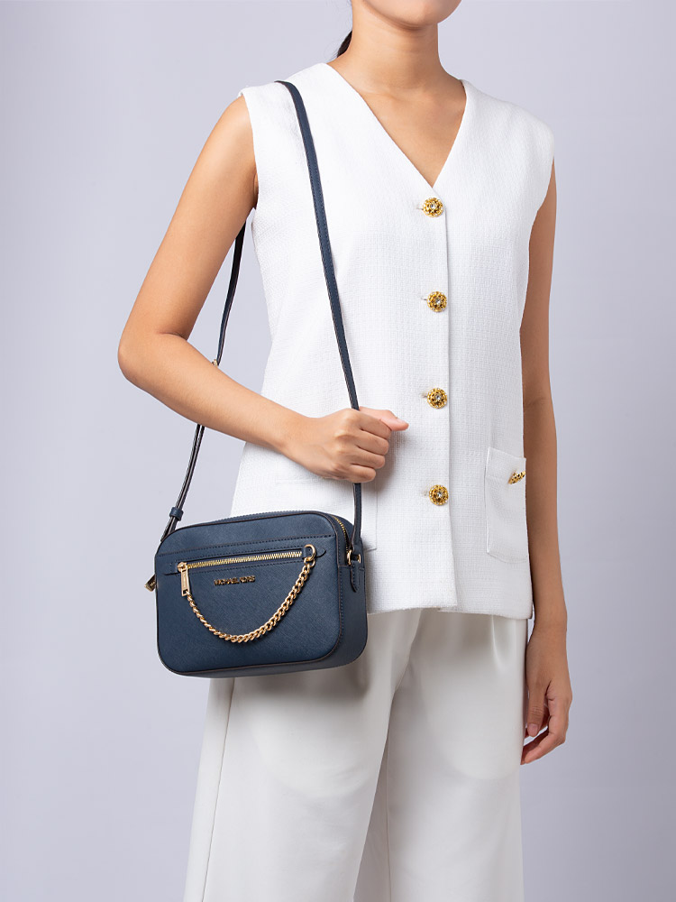 Jet Set Item Large Zip Chain Crossbody Navy Gold