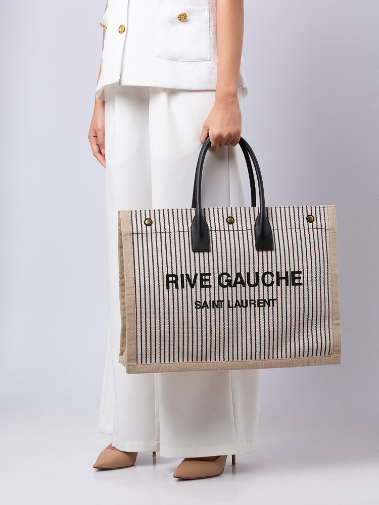 Embroidered Cotton Linen Rive Gauche Noe Tote Natural Black