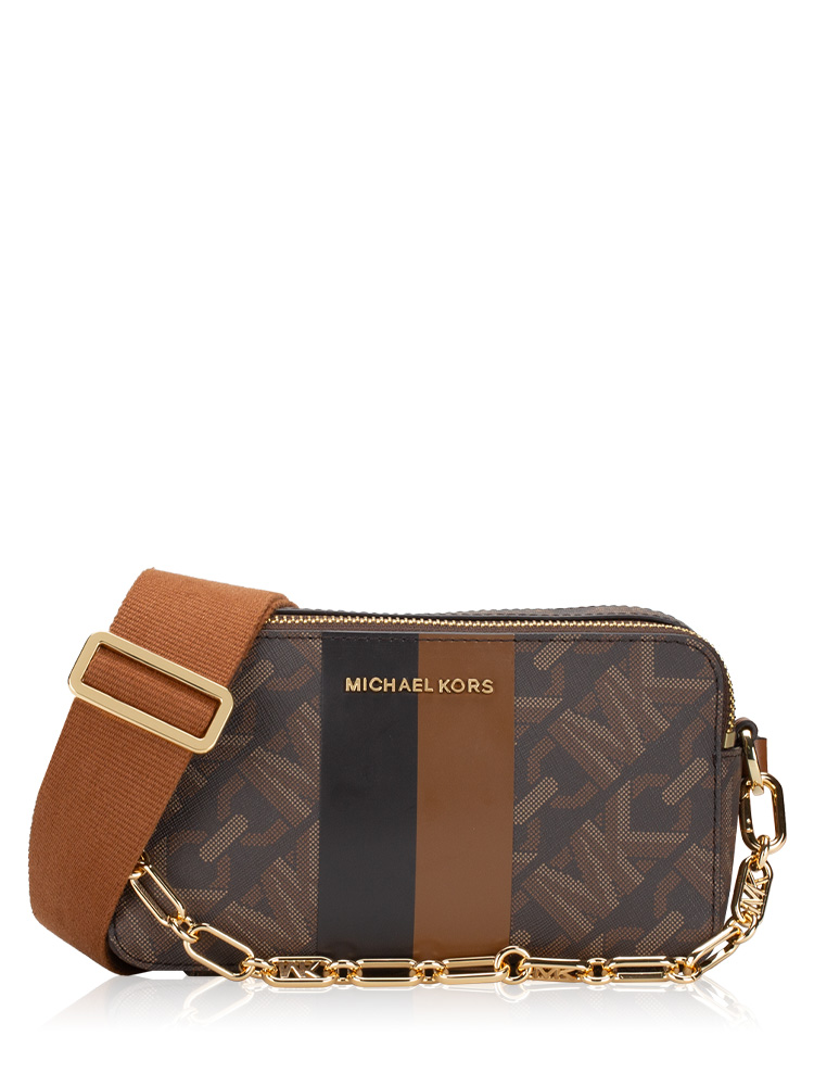 Signature Jet Set Small Double Zip Chain Crossbody Brown Luggage