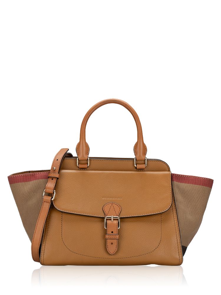 Mega Check Calfskin Harcourt Medium Tote Saddle Brown