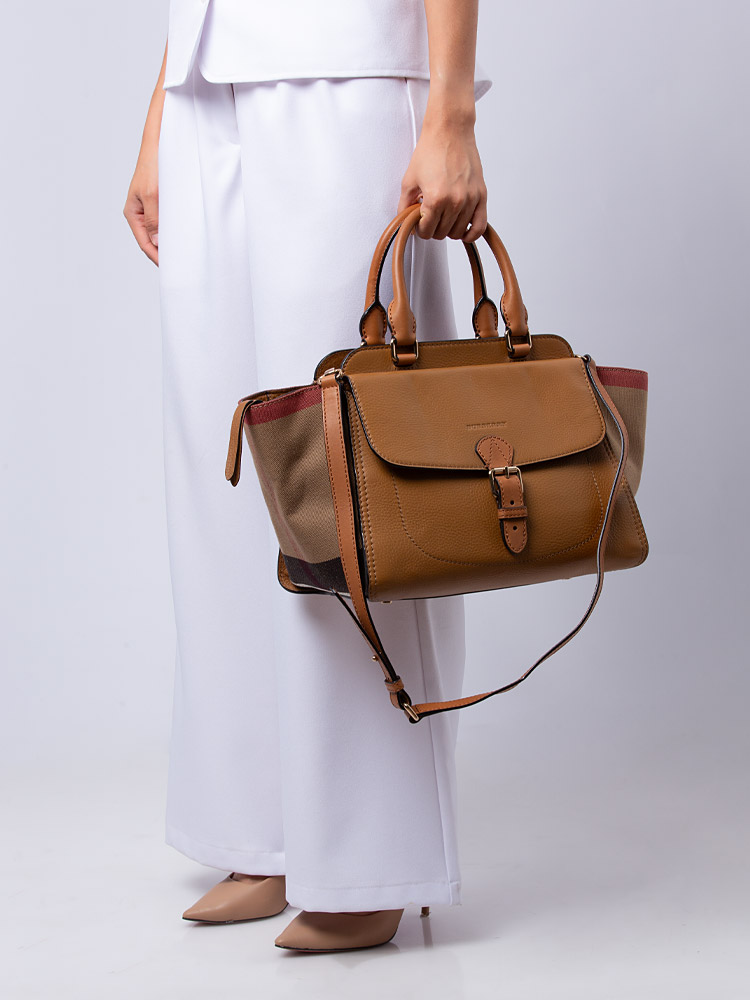 Mega Check Calfskin Harcourt Medium Tote Saddle Brown