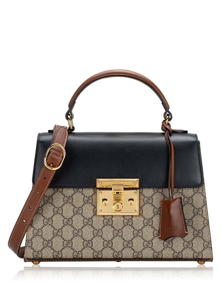 GG Supreme Padlock Small Top Handle Bag Beige Black Cuir
