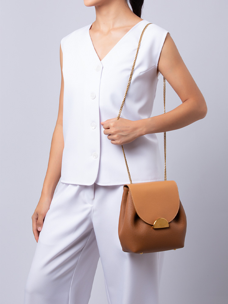 Textured Calfskin Numero Un Duo Mini Chain Shoulder Bag Camel
