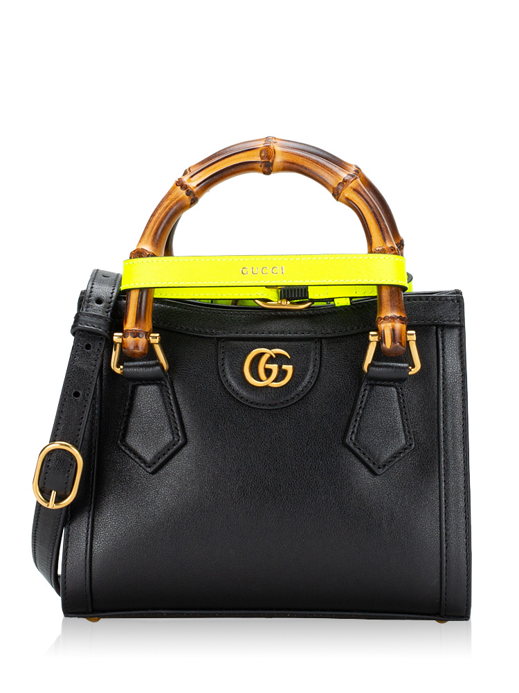 Calfskin Diana Bamboo Mini Shoulder Bag Black Yellow Fluo