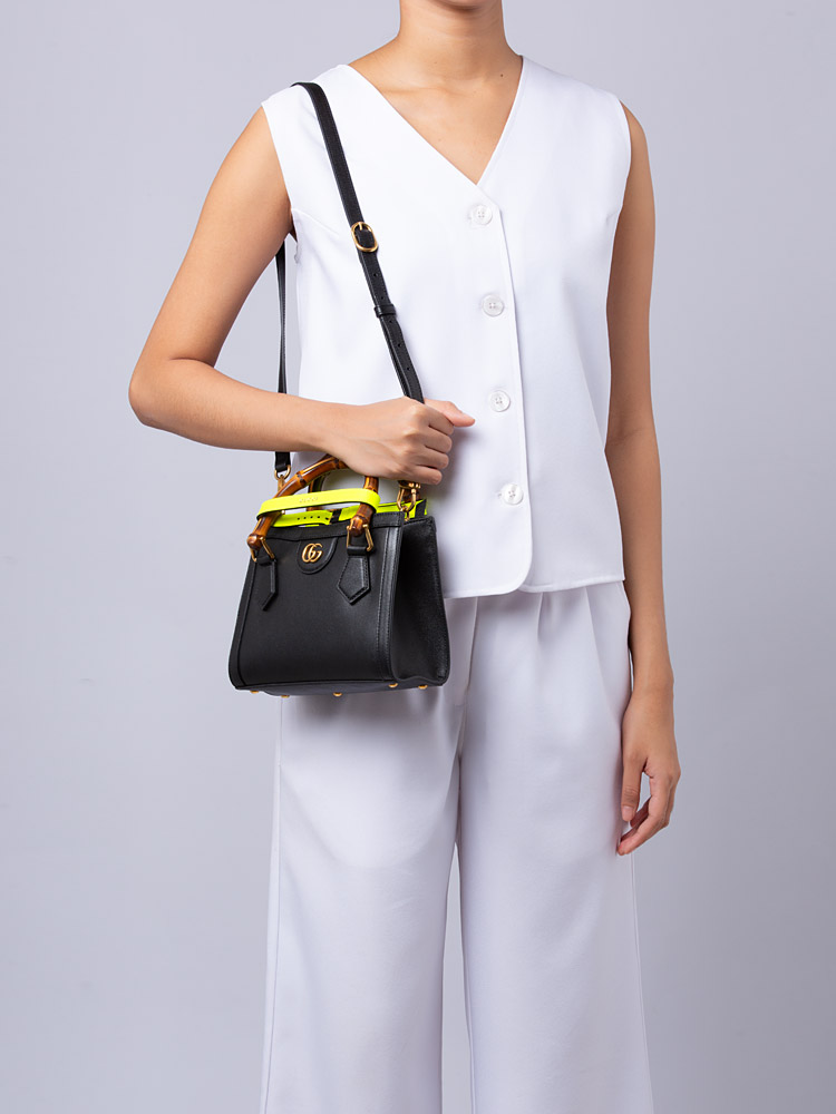 Calfskin Diana Bamboo Mini Shoulder Bag Black Yellow Fluo