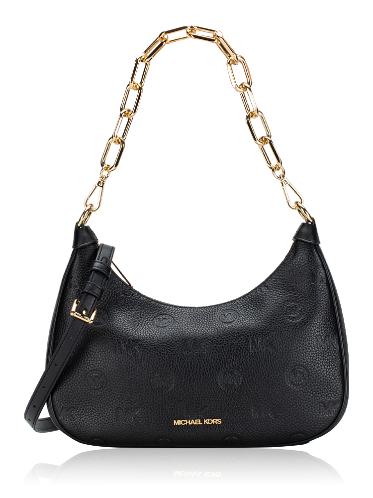 Cora Logo Embossed Leather Large Shoulder Bag Black