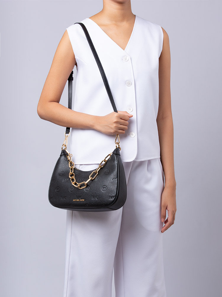 Cora Logo Embossed Leather Large Shoulder Bag Black