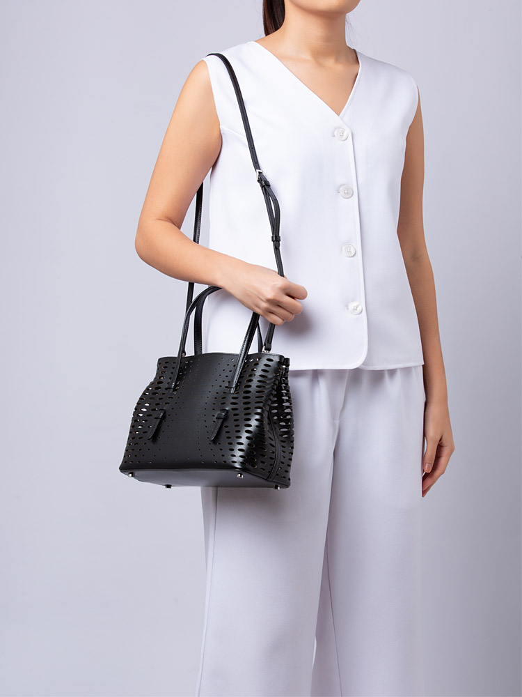 Calfskin Perfo Lux Laser Cut Mina 25  Tote Black