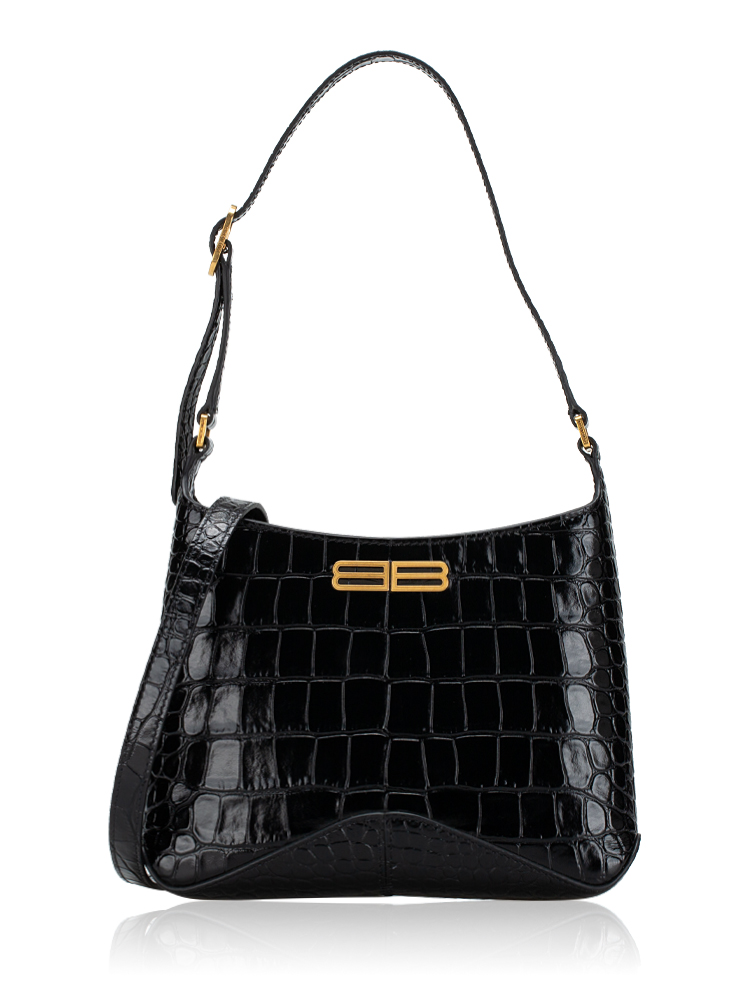 Shiny Calfskin Croc Embossed XX Small Shoulder Bag Black