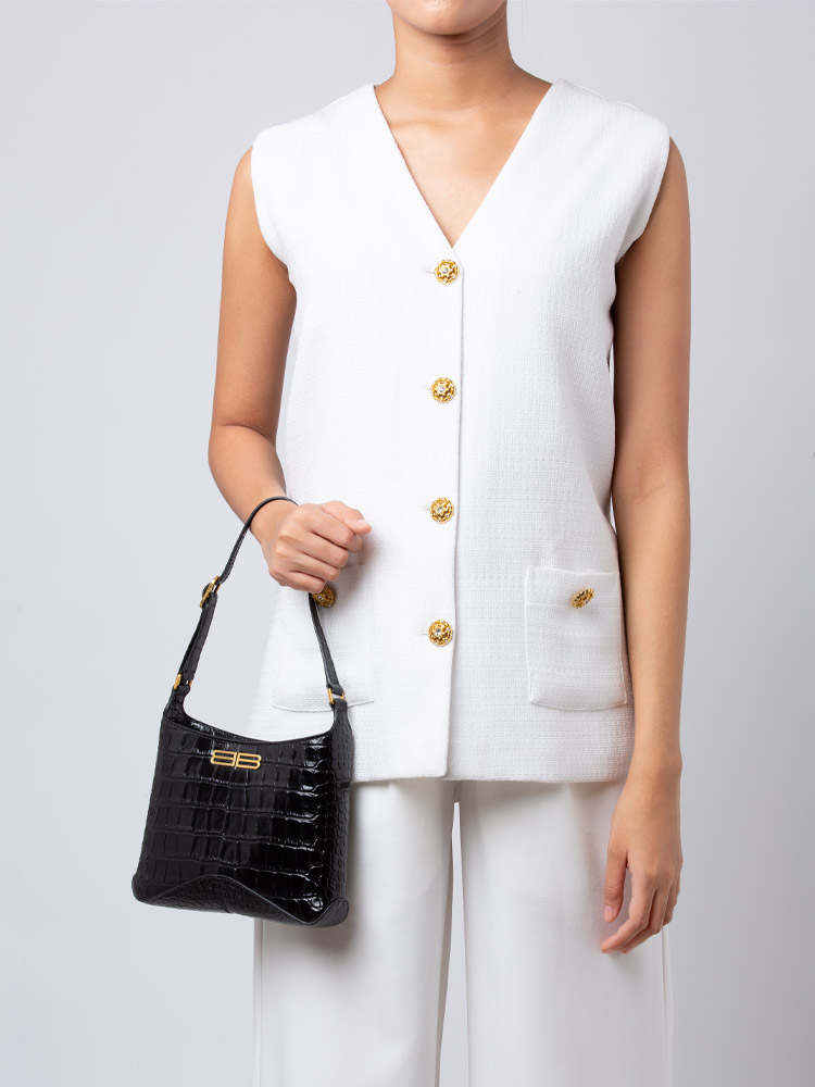 Shiny Calfskin Croc Embossed XX Small Shoulder Bag Black
