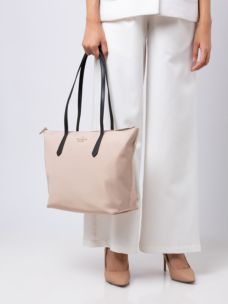 Kitt Colorblock Nylon Large Tote Black Warm Beige