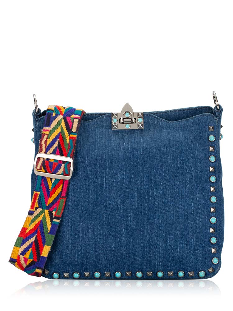 Denim Rockstud Small Rolling Flip-Lock Messenger with Guitar Strap Blue