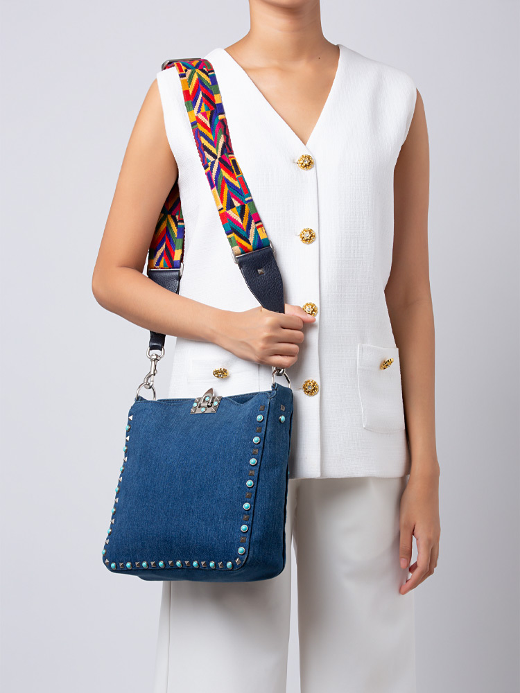 Denim Rockstud Small Rolling Flip-Lock Messenger with Guitar Strap Blue