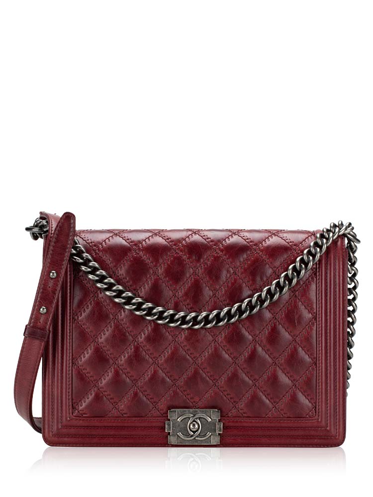 Calfskin Double Stitch Large Boy Flap Bag Burgundy